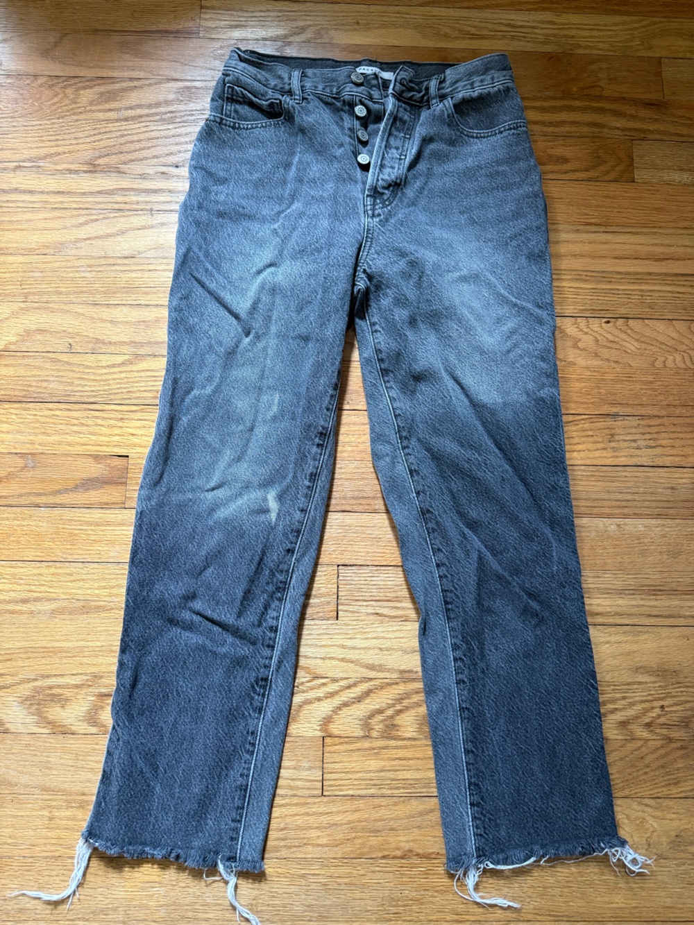 High-Rise Button-Fly Straight Jeans in Washed Black